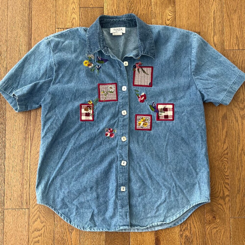 Vintage 90s Teddi Denim Shirt M | Embroidered Gingham Patchwork‎ Button Up